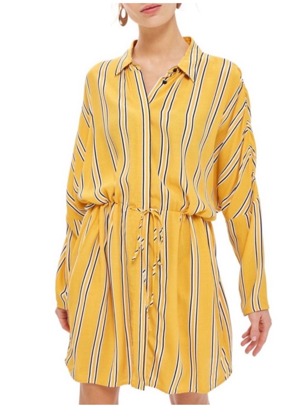 Topshop Yellow Striped Button-Front Drawstring Waist Dress